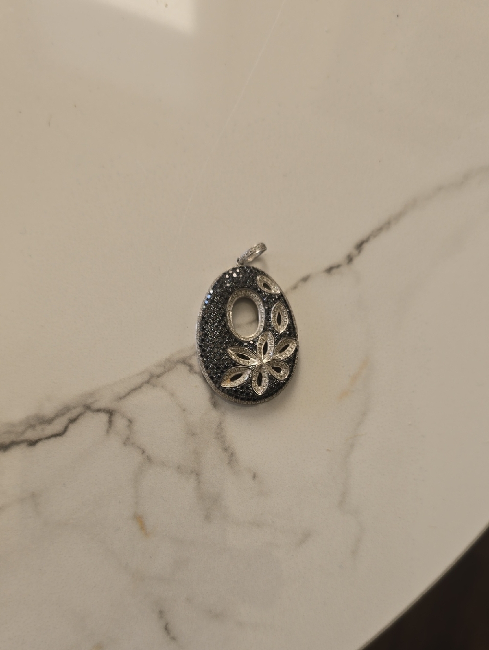 14k White Gold And White And Black Diamond Pavé Floral Oval Pendant